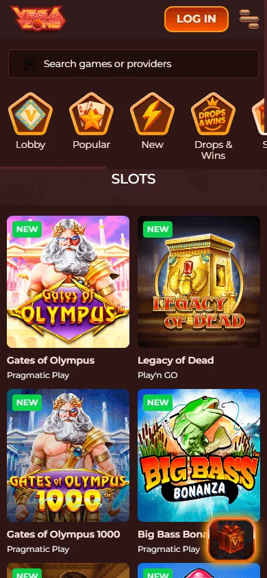 Vegazone Casino games area on a mobile browser