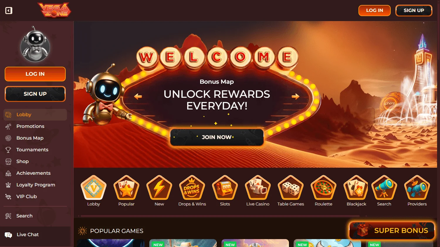 Vegazone Casino home screen on desktop