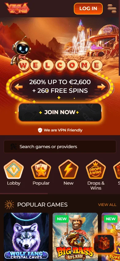 Vegazone Casino home screen on a mobile browser