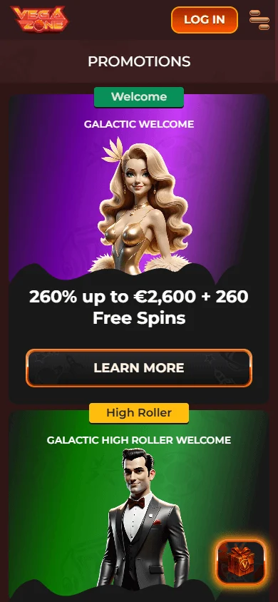 Vegazone Casino promotions area on a mobile browser