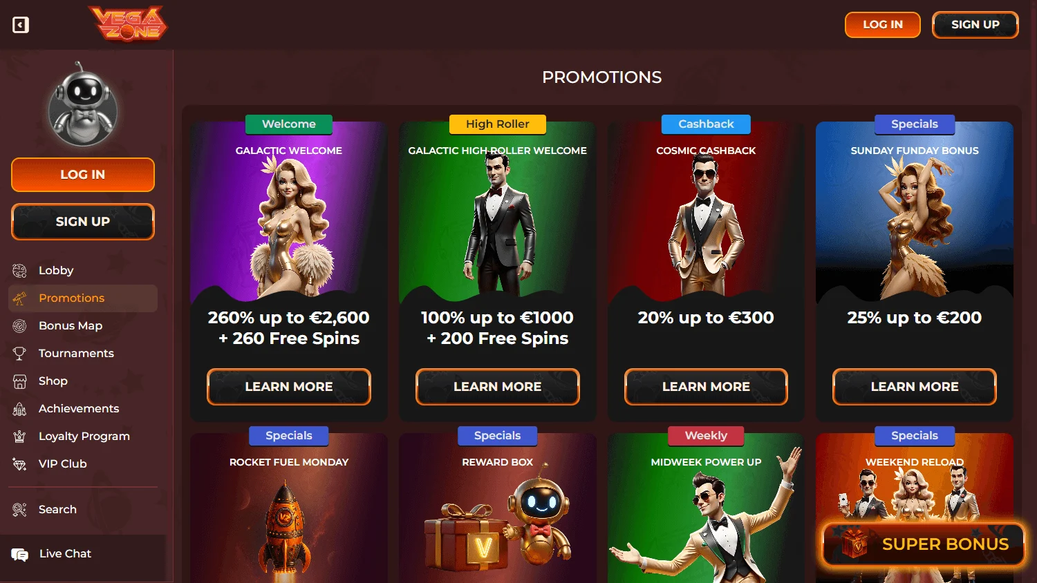 Vegazone Casino promotions area on desktop